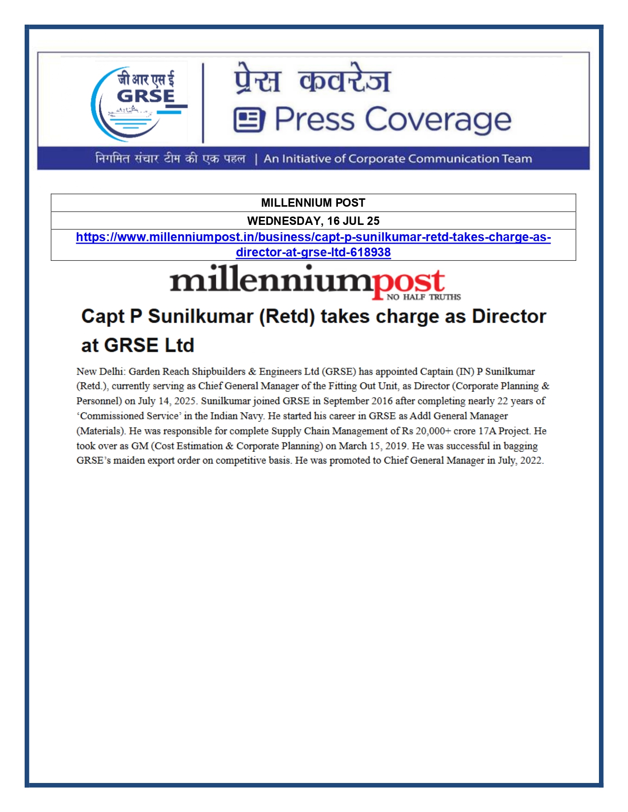 Press Coverage :  Capt P Sunilkumar (Retd) takes charge as Director  at GRSE Ltd